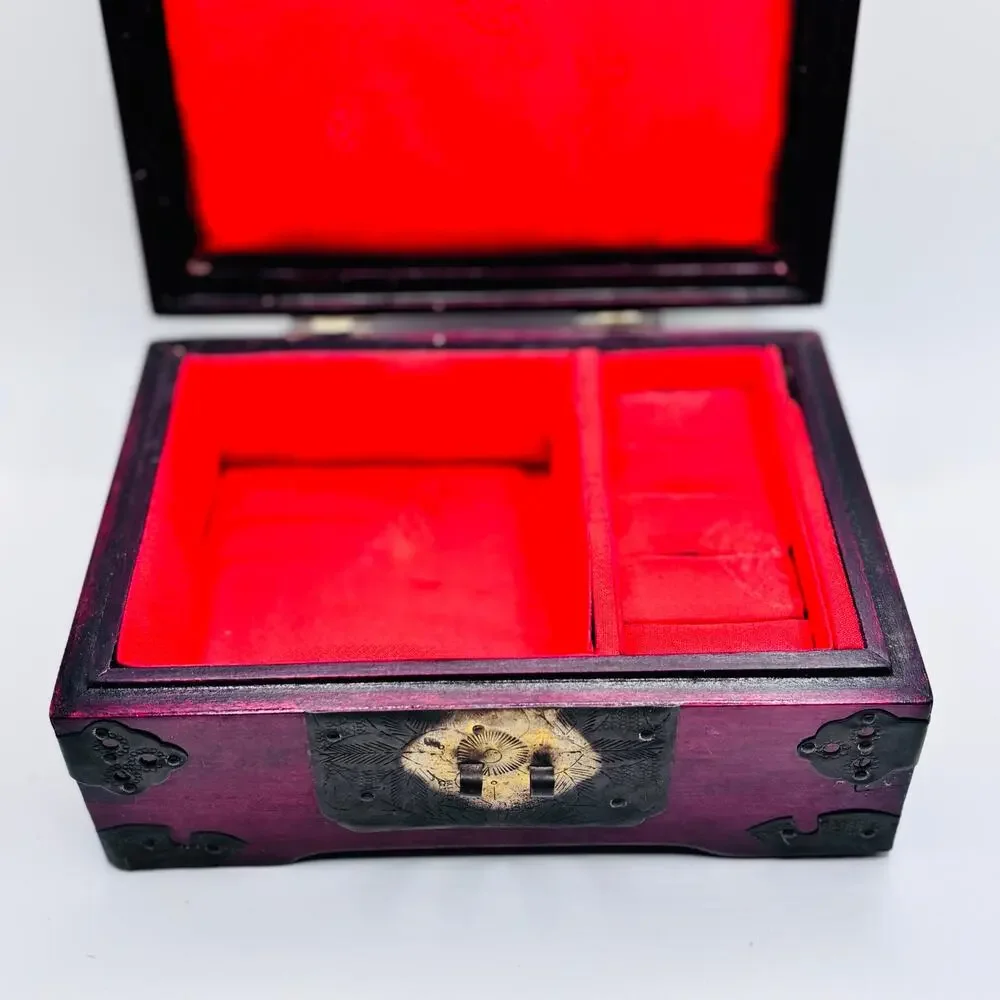 Chinese Hangzhou Wood Jewelry Box Carved Green Stone Metal Hardware